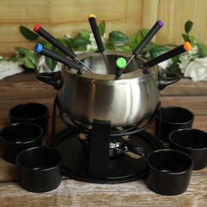 Vintage 2003 Trudeau Stainless Steel 17 Piece Fondue Pot Set with Stoneware Condiment Bowls