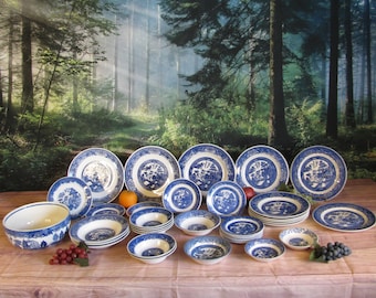 Vintage Blue Willow Ironstone Transferware Dinnerware-Dishes-China-Royal  China-Homer lauglin-Staffordshire-Churchill-Plates and Bowls