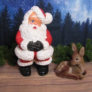 Vintage 1970s Atlantic Mold Winking Santa Claus Ceramic Figure with Flocked Fawn Deer Bank