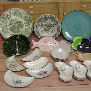 Vintage  Plates, Bowls and other China-Windsor Ridgway-Ironstone Tableware Green-Majolica Lettuce Leaf Plate-Red Snapper Fish Plate- Plums