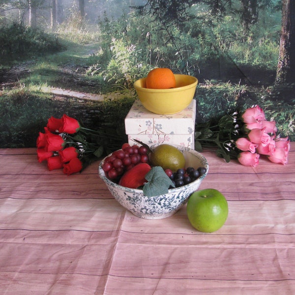 Vintage Green Spongeware Bowl Blue-Green Speckled McCoy Bowl-Amber and Milkglass Depressionware Bowl-Yellow Yelloware Bowl-Fed Apple Blossom