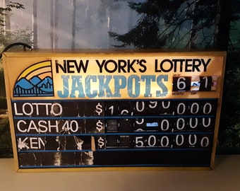 Vintage 1980s New York's Lottery Jackpots  18X30" or Instant Cash Games "Play Here" Large 13X21" Sign -Advertising-Empire State-Man Cave