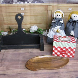 Vintage Wood Rolling Pin Holder-Rolling Pin Thanksgiving Pilgrim Dolls-Leilani Monkey Pod Wood Dish-Recipe Box-Black Glass  Kitchen Canister