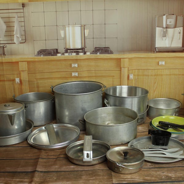 Vintage Camp Sets- Nesting Pots, Pans, Plates and Coffee Pot-Mirro and other Brands-Aluminum