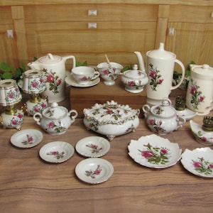 Vintage Moss Rose Demitasse/Miniature China Tea Set- Sugar Bowl- Tea Pot-  Lamps- Basket