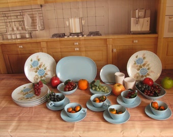Vintage Park Avenue Blue Rose Melmac Dinnerware- 1950 Dish Set-31