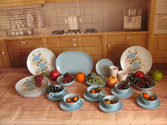 Vintage Park Avenue Blue Rose Melmac Dinnerware- 1950 Dish Set-31