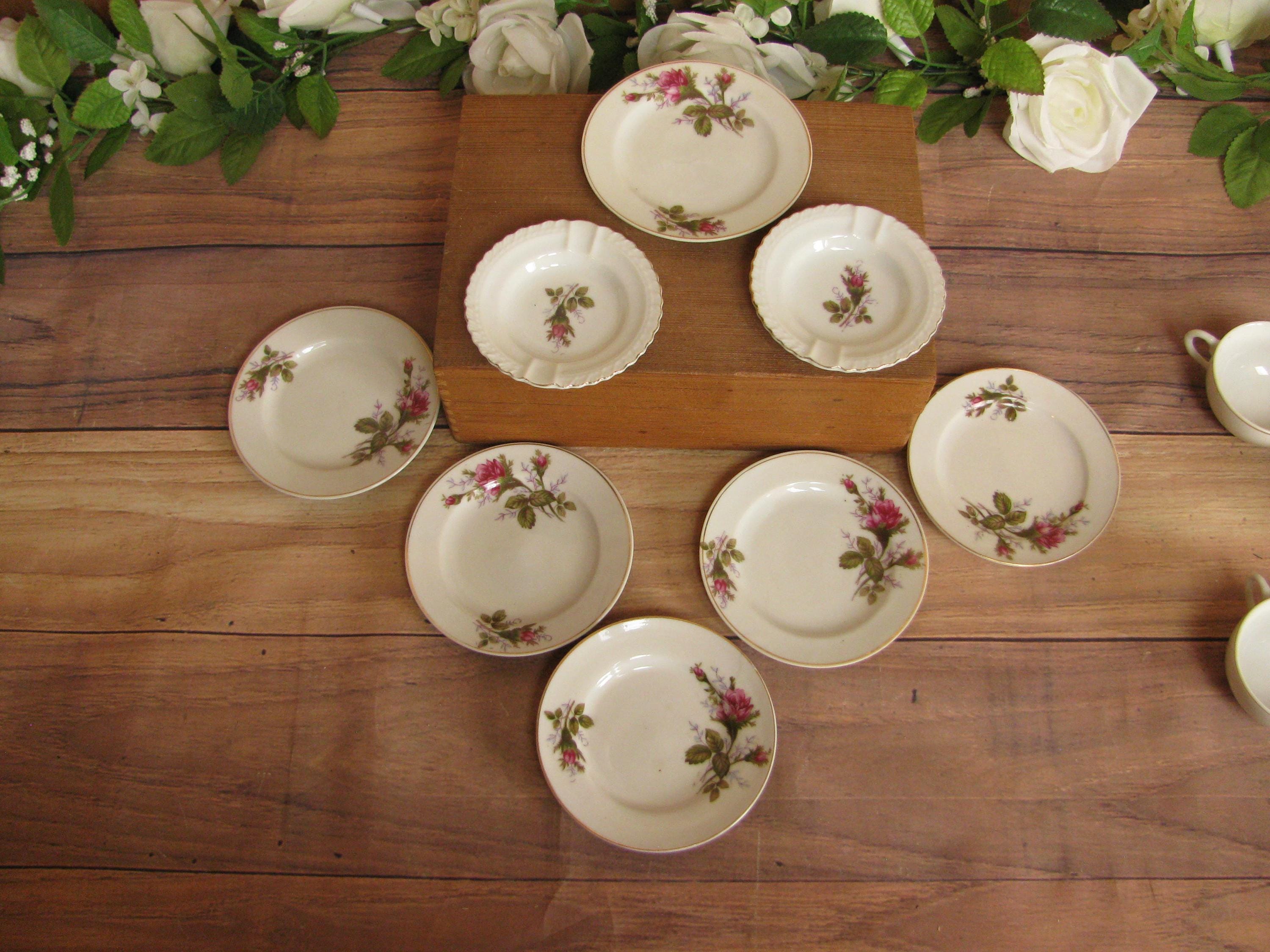 Vintage Moss Rose Demitasse Tea Set: Miniature Bone China, Made in