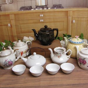 Vintage Teapots-Lustreware Roses-Festival Faience Gres-Etched Brown Betty Style Moriage  Redware-Danish Ancher Iversen Atelier- Country Inn