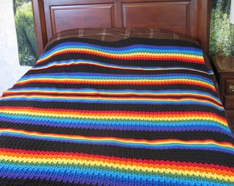 Rainbow  70x90 Striped Crocheted Afghan-Full Size-Handmade-One of a Kind Throw--Great Gift-Ready to Ship