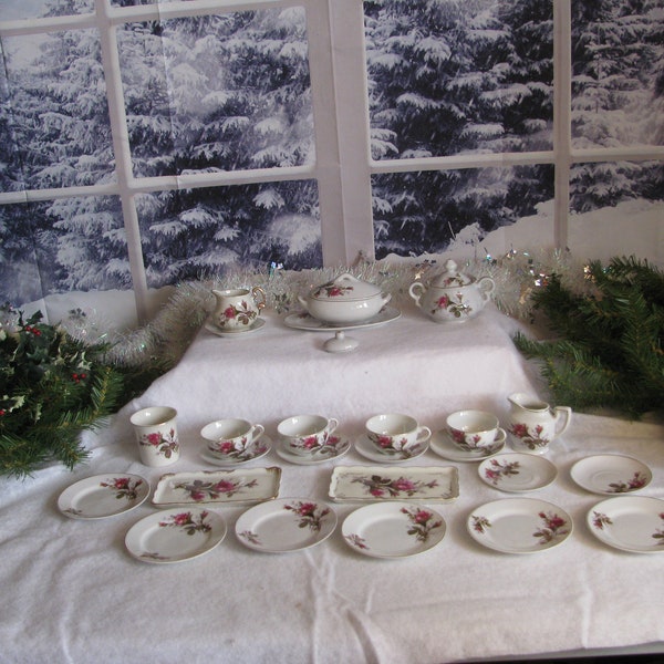 Moss Rose Demitasse- Child's-Miniature Bone China Tea Set- Made In Japan- Teapot-Creamer-Pitcher & Basin-Soup Tureen-Sugar Bowl-Creamer-Tray