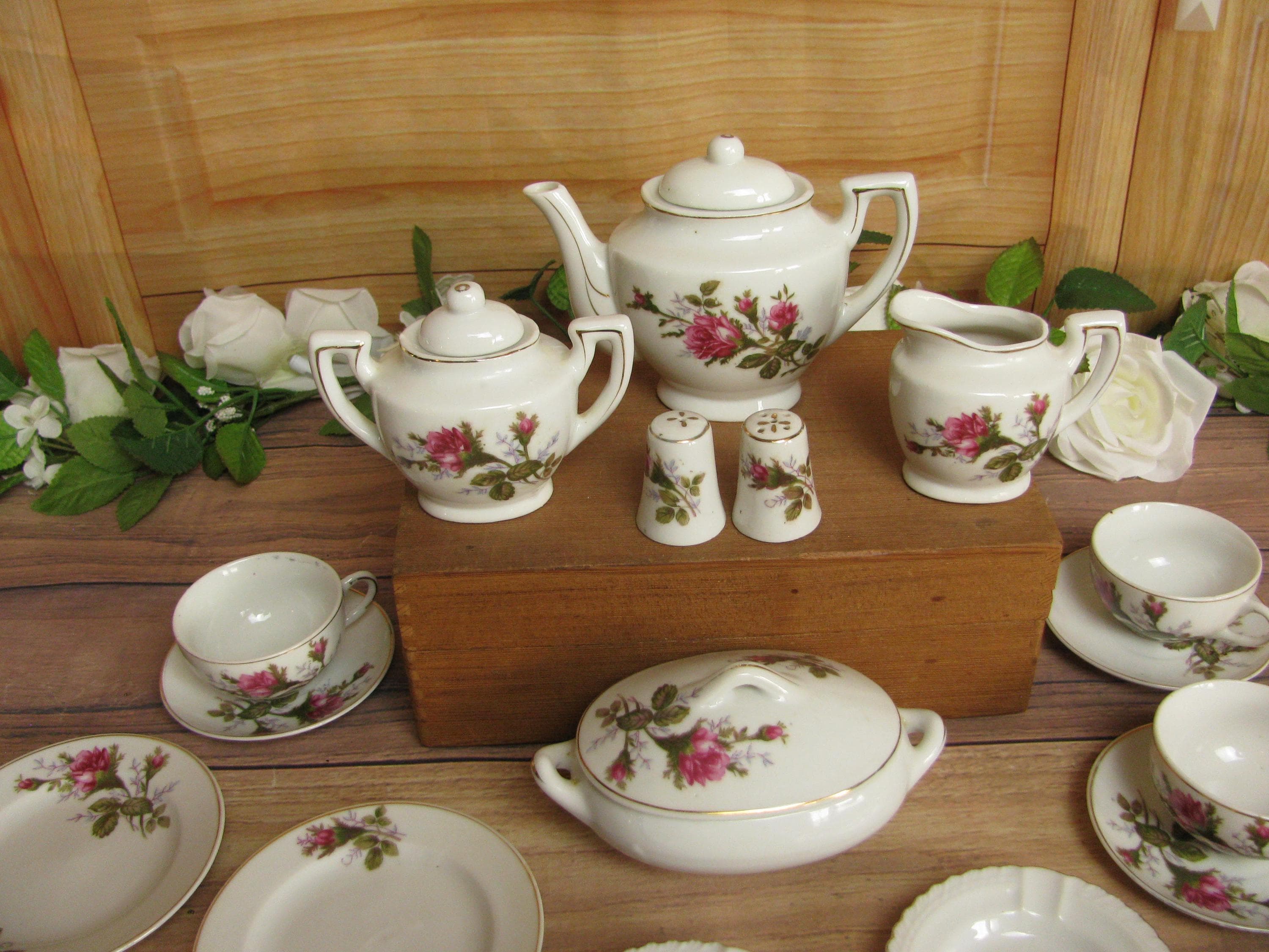 Vintage Moss Rose Demitasse Tea Set: Miniature Bone China, Made in
