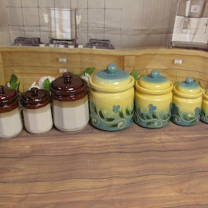 Vintage Canister Sets- 3 Piece Stoneware Tri Color Bean Pot Style or 4 Piece Blue/Yellow Ceramic Floral Set-Cottage Core-Whole Home-Taiwan