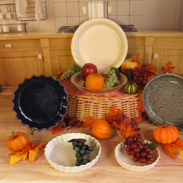 Vintage Cobalt Blue-White Stoneware Fluted Edge Torte or Quiche Dishes-Paula Dean Fall Harvest Pie Plate-Pyrex And Enamel Pie/Tart Pans