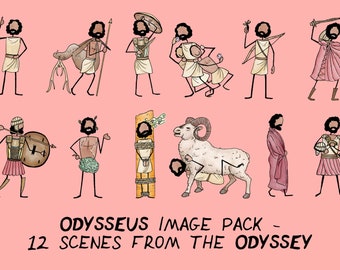 May include: A set of 12 illustrations depicting scenes from Homer's Odyssey. The illustrations are drawn in a simple stick figure style with a pink background. The text "ODYSSEUS IMAGE PACK - 12 SCENES FROM THE ODYSSEY" is at the bottom of the image.