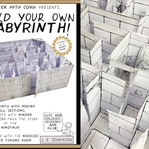 Könnte beinhalten: Eine Schwarzweißillustration eines 3D-Papiermodells eines Labyrinths mit dem Text "BUILD YOUR OWN LABYRINTH!" und "GREEK MYTH COMIX PRESENTS..." oben. Das Labyrinth ist als Brettspiel spielbar. Der Text "JUST ADD COLORS, SCISSORS AND GLUE!" befindet sich in einer Sprechblase. Der Text "LE JENKINSON" befindet sich unten im Bild.