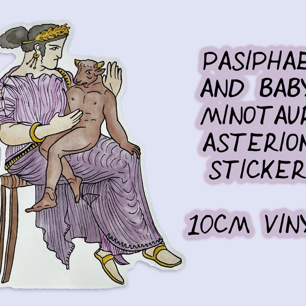 Ancient Greek Mythical Creatures - Pasiphae and Baby Minotaur (Asterion) sticker - 10cm Vinyl