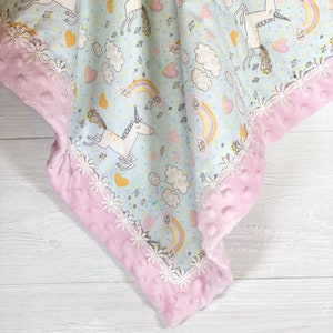 Flannel & Minky Baby Blanket - Unicorns, Rainbows