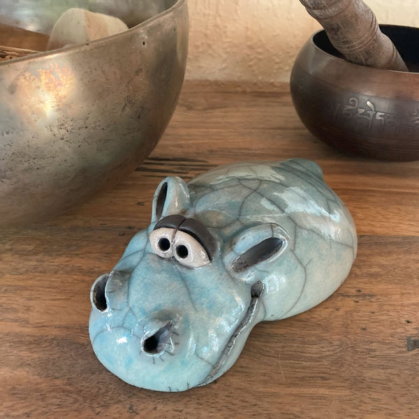 Raku-Nilpferd, Keramik, Flusspferd, Hippo, Tier-Skulptur, Ton-Figur, handgemacht