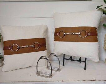 All About The Buzz- Equestrian horse pillow with snaffle bit size 18 x 18, 20x 20 or 22x22  pillow and cover included