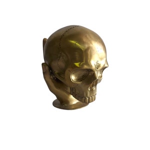 Estátua de caveira de latão, caveira de bronze, caveira de 6,5 polegadas, decoração de casa, esqueleto dourado vintage com acabamento, escultura de caveira, presente de negócios