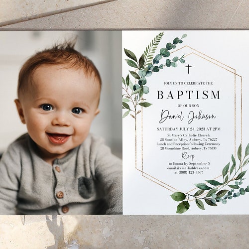 Baptism Invitation Template Editable Greenery Eucalyptus Etsy