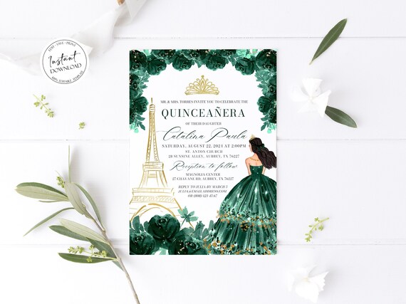 Emerald Green Floral Quinceanera ...