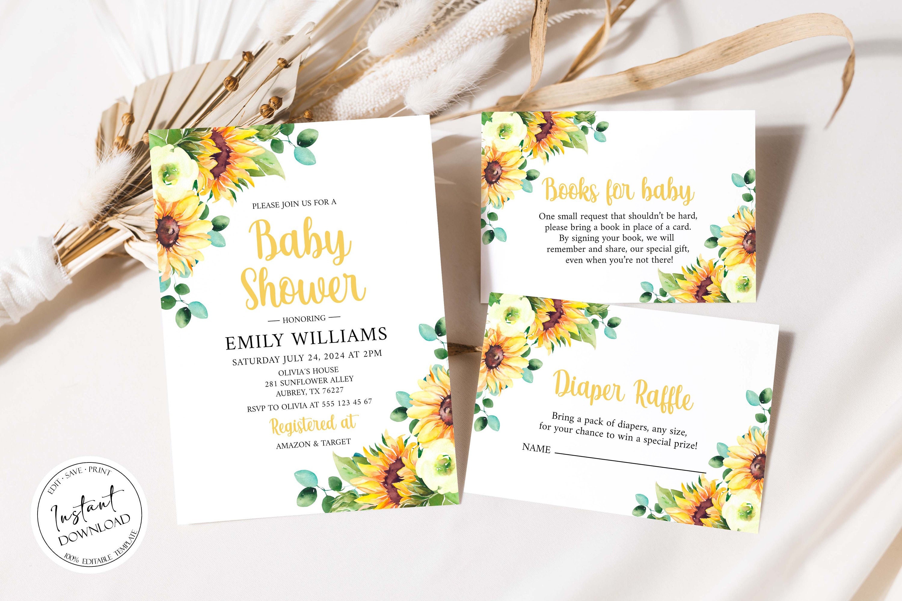 Sunflower Baby Shower Invitation Bundle Editable Yellow Baby - Etsy