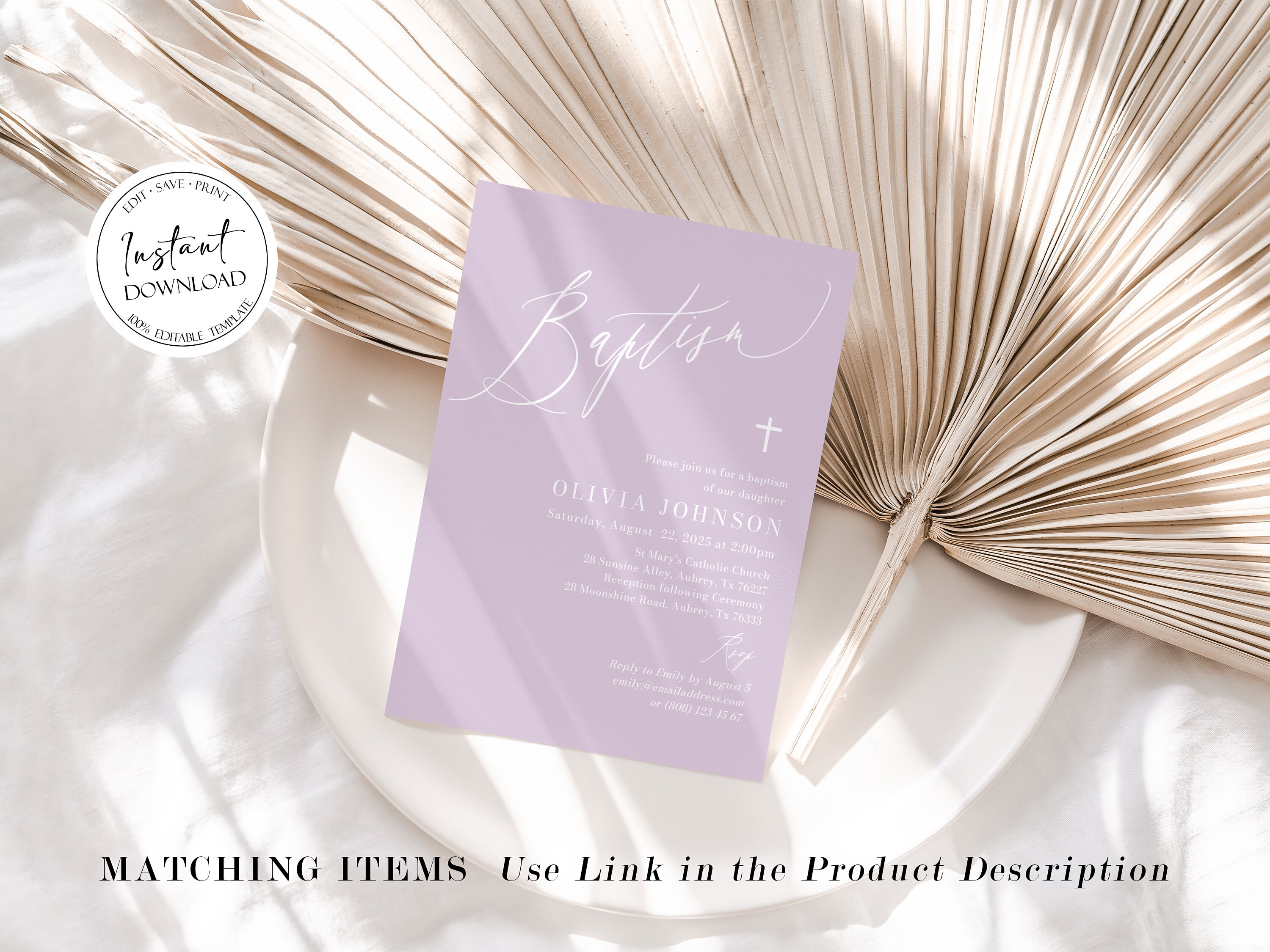 Lilac Baptism Invitation White Cross Purple Christening Etsy