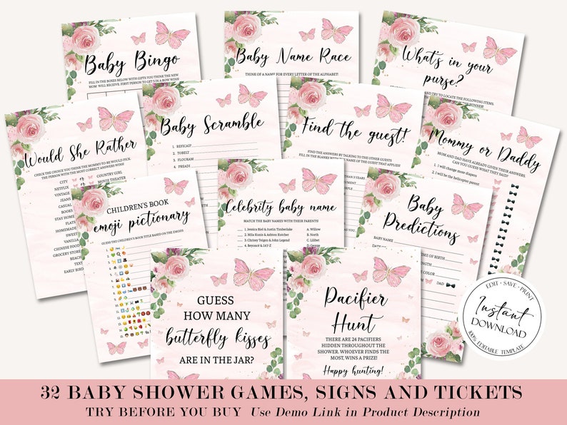 Butterfly Baby Shower Games Bundle Whimsical Butterflies Etsy