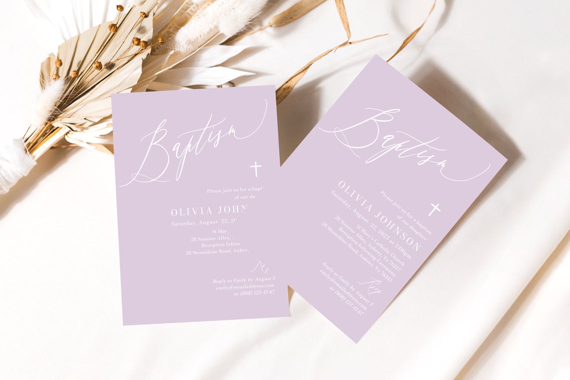 Lilac Baptism Invitation White Cross Purple Christening Etsy