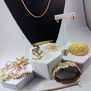 Vintage Numbered Gold Tone High End Brooches, Chain, Bracelet and Earring Lot Signed Jewelry,  Destash Bundle, Estate Costume Jewelry