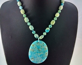Large Vintage Turquoise Beaded Necklace and Pendant Signed L.R. 18 to 24 inch Semi Precious Blue Knotted Beads