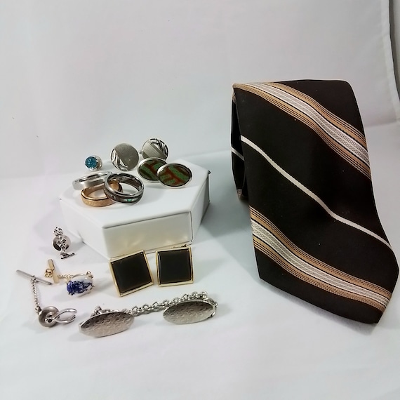 Vintage Retro Men's Tie Accessories Lot, Man's Ring Jewelry Grouping, Pierre Cardin Tie, Cuff Links, Suit Pins, Tie Tack Pins