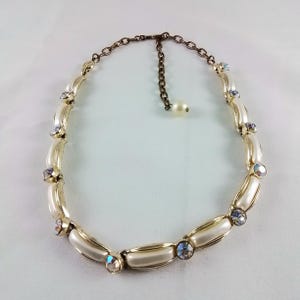 Vintage White and Goldtone Aurora Borealis Rhinestone Choker Necklace, Collar Collectable Estate Jewelry
