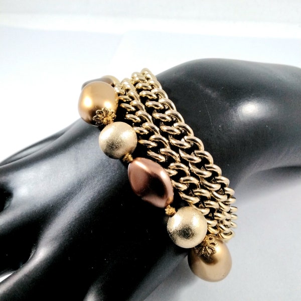 Vintage Signed Monet Gold Tone Beaded and Chain Link Bracelet, Goldtone Jewelry,  Costume Jewellery, Designer Fashion Accessories