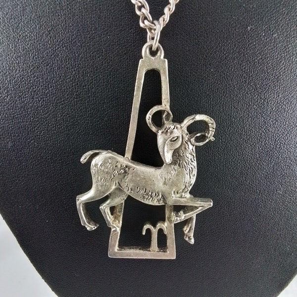 Vintage Brutalist Aires Ram Pewter Pendant Signed, Spain Zodiac Modernist Necklace 1970s