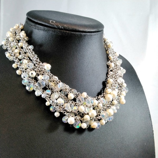 Vintage Ann Taylor Pearl Necklace. Multi Strand Faux Pearl and Crystal Beaded Necklace, Designer Silvertone Costume Jewelry