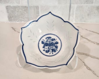 Vintage Japanese Porcelain Blue and White Lotus Bowl with Floral Rice Pattern