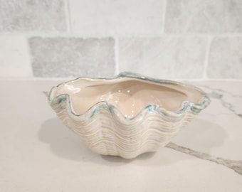 Shoreline Ceramic Clam Shell Shaped Oatmeal Bowl by Homestudio Wavy Blue Rim Trinket Catchall Dish Bowl
