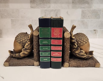 Vintage Rustic Acorn and Oak Leaf Bookends Set, Heavy Faux Wood Book Stoppers, Woodland Cabin Cottagecore, Office Decor, Library Decor