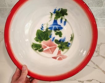 Vintage Large Enamel Basin Bowl with Floral Design, Red Rim, Retro Rustic Farmhouse Decor 13.5" Diameter
