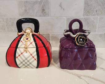 Vintage David's Cookies Ceramic Purse Cookie Jars, Set of 2, Red Plaid and Purple Quilted Handbag Treat Canisters, Fashion Kitchen Decor