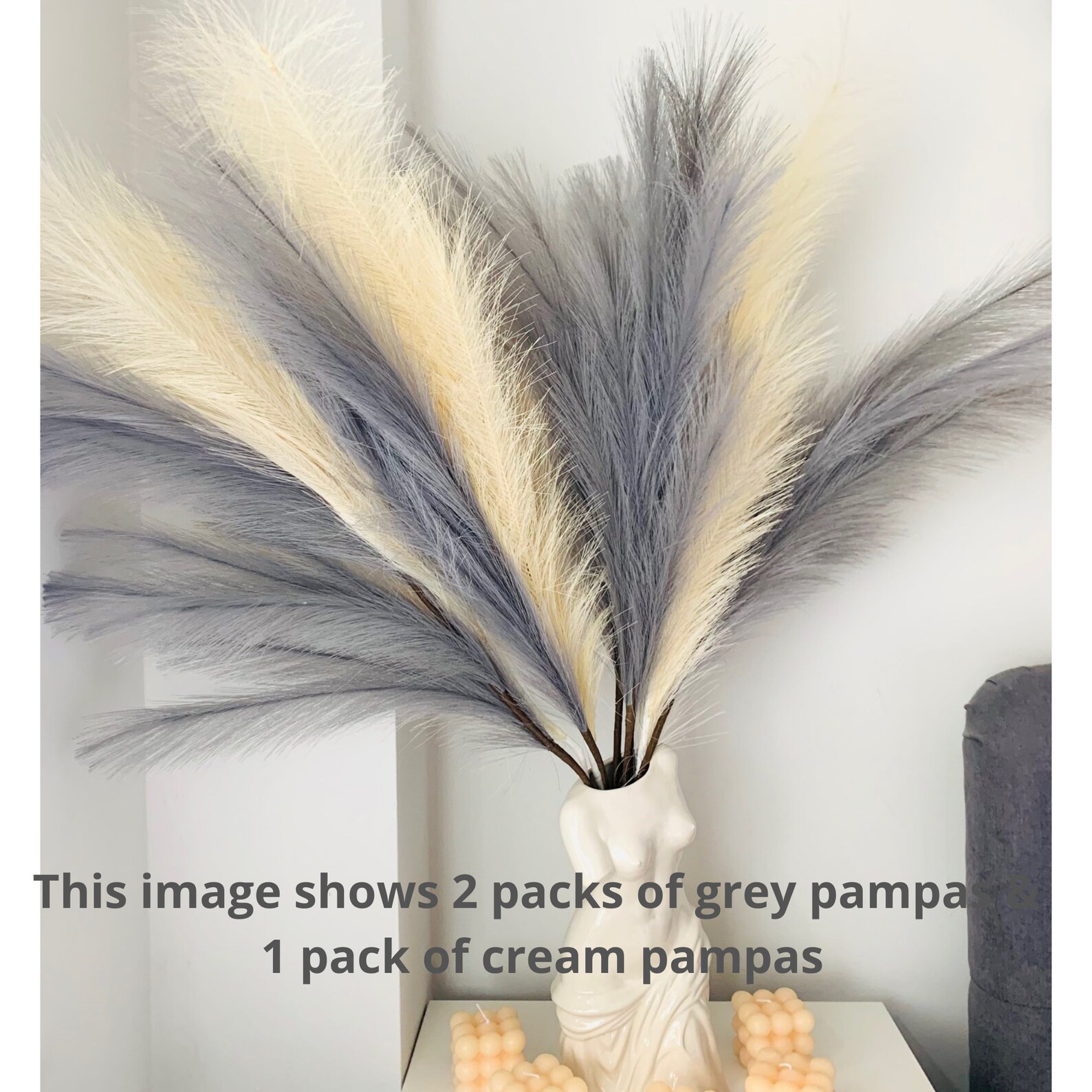 Grey Pampas Grass Large Artificial 3 Stems Extra Fluffy Faux Etsy