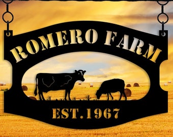 May include: Black metal sign with the text "ROMERO FARM EST. 1967" in a white outline. The sign features a silhouette of a cow and a sheep in a field.