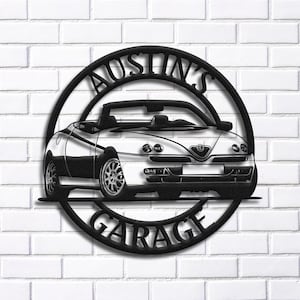 May include: Black metal sign with a white convertible car and the text "Austin's Garage" in a circle.