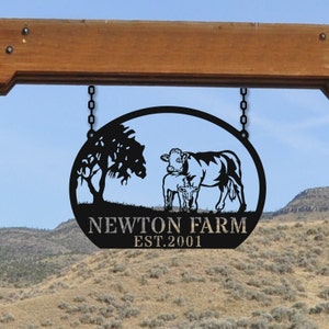 Personalized Simmental Cow Farm Sign: Black Steel Family Name