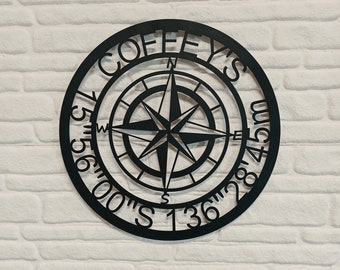 Personelized Nautical Compass Metal Wall Art with GPS Coordinates