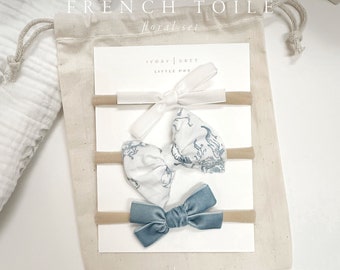 Blue French Floral Toile Baby Bow Set | Baby Shower Gift | Parisian Blue Velvet Baby Bow Headbands | Newborn, Baby, Toddler, Girls | 3pc Set