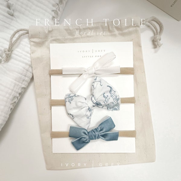 Blue French Floral Toile Baby Bow Set | Baby Shower Gift | Parisian Blue Velvet Baby Bow Headbands | Newborn, Baby, Toddler, Girls | 3pc Set